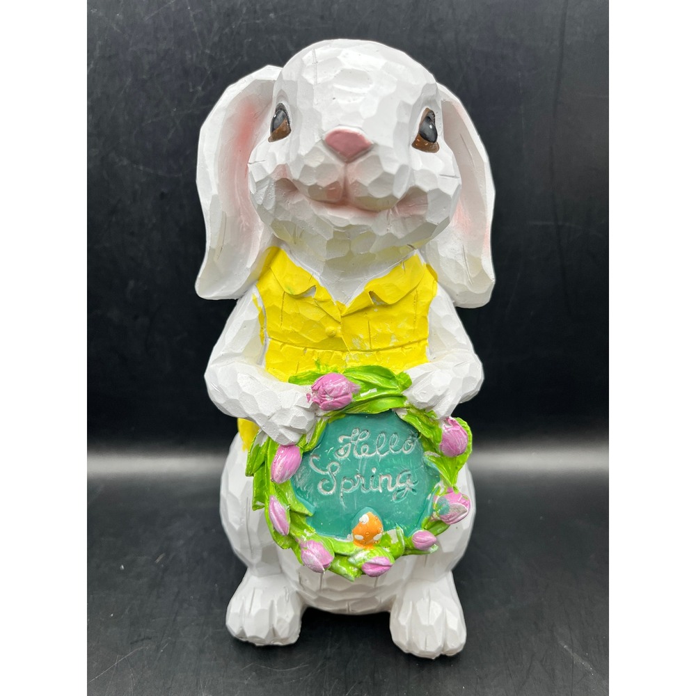 Hello Spring Easter Bunny Figurine White Rabbit Resin Floral Tulip Wreath 8.5"